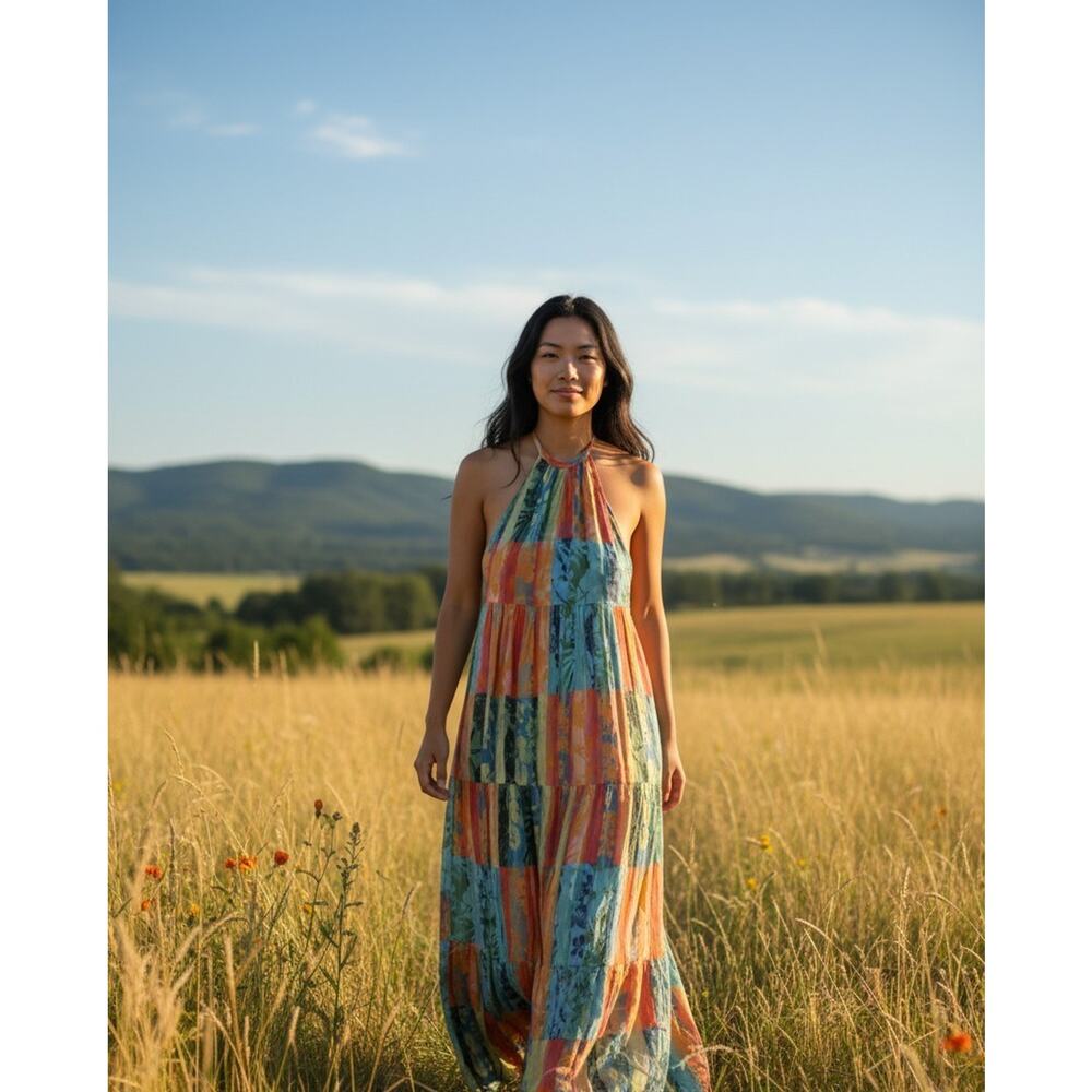 O'Neill Maxi Sundress Womens XS Multicolor Tropical Halter Tiered Beach Gauzy